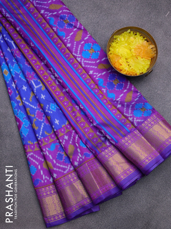 Semi tussar saree royal blue and purple with allover ikat prints and zari woven border