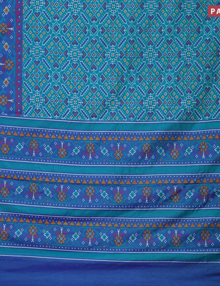 Semi tussar saree teal green and dual shade of blue with allover ikat prints and zari woven border