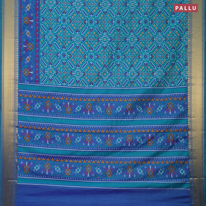 Semi tussar saree teal green and dual shade of blue with allover ikat prints and zari woven border