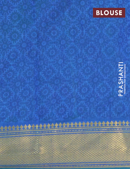 Semi tussar saree teal green and dual shade of blue with allover ikat prints and zari woven border