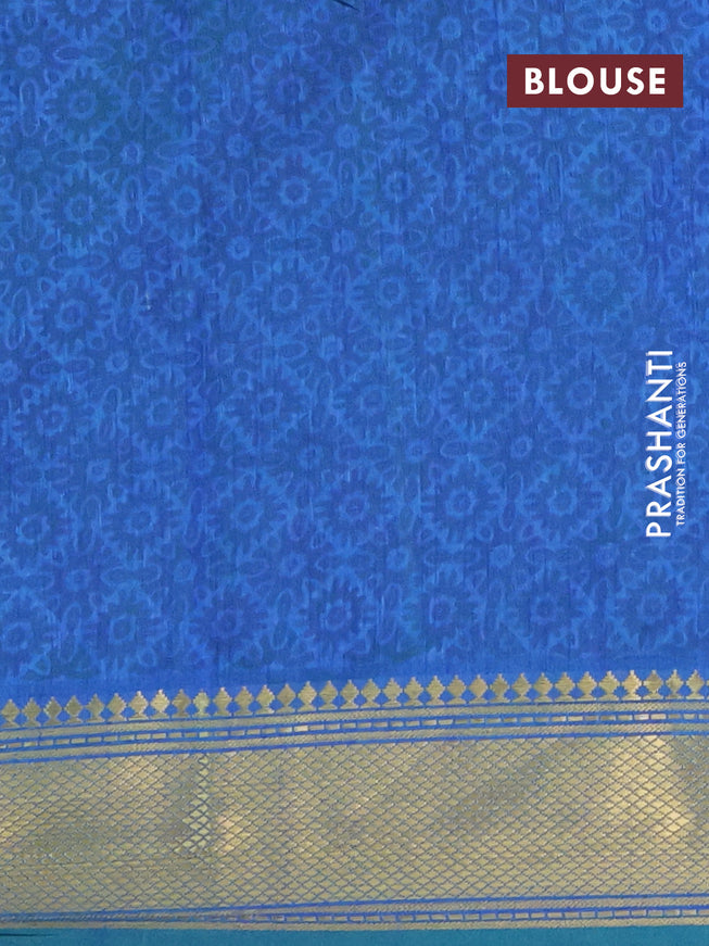 Semi tussar saree teal green and dual shade of blue with allover ikat prints and zari woven border