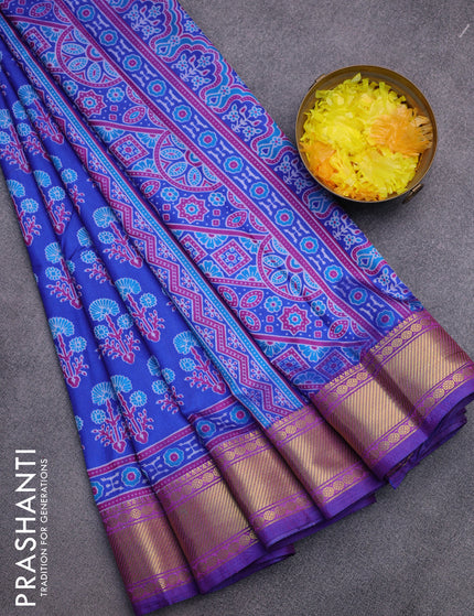 Semi tussar saree blue and dual shade of purple with allover floral butta prints and zari woven border