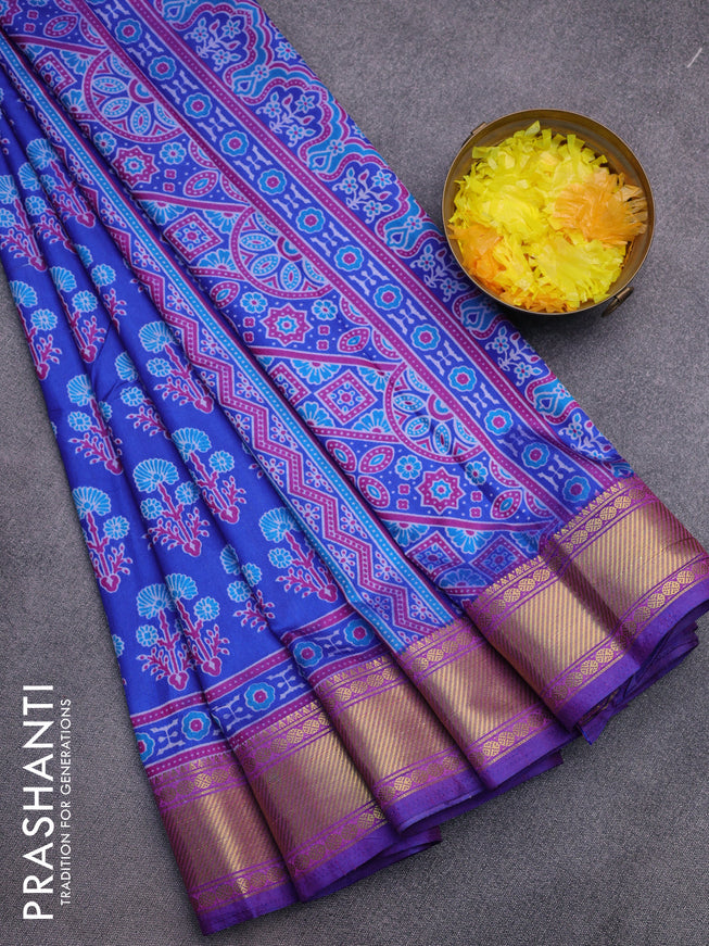 Semi tussar saree blue and dual shade of purple with allover floral butta prints and zari woven border