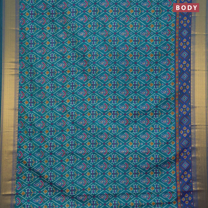 Semi tussar saree teal green and blue with allover ikat prints and zari woven border