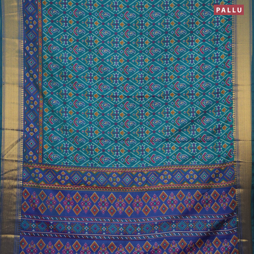 Semi tussar saree teal green and blue with allover ikat prints and zari woven border