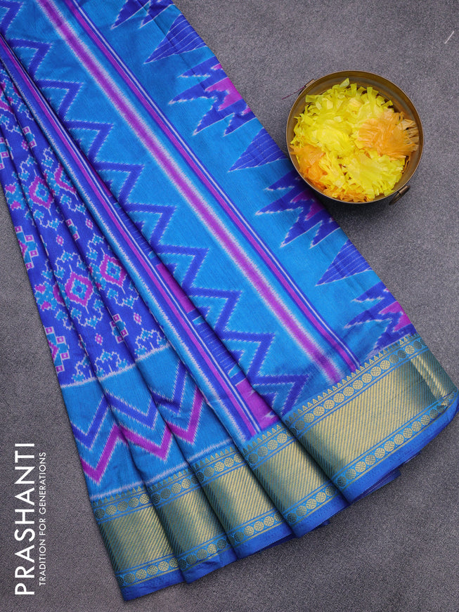 Semi tussar saree blue with allover ikat prints and zari woven border