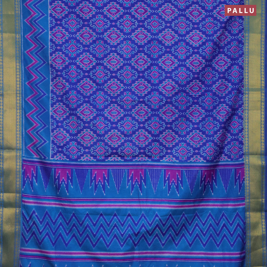 Semi tussar saree blue with allover ikat prints and zari woven border