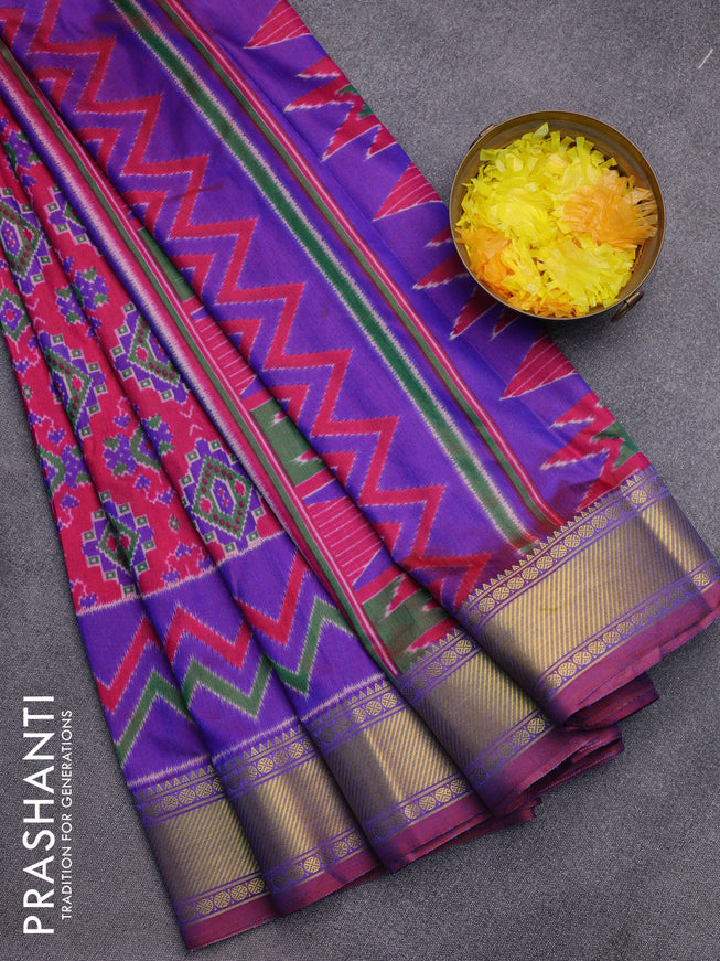 Semi tussar saree pink and dual shade of bluish maroon with allover ikat prints and zari woven border