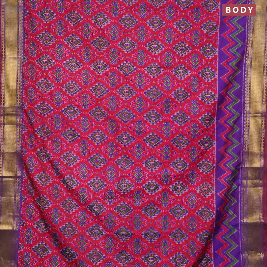 Semi tussar saree pink and dual shade of bluish maroon with allover ikat prints and zari woven border