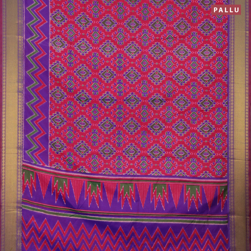 Semi tussar saree pink and dual shade of bluish maroon with allover ikat prints and zari woven border