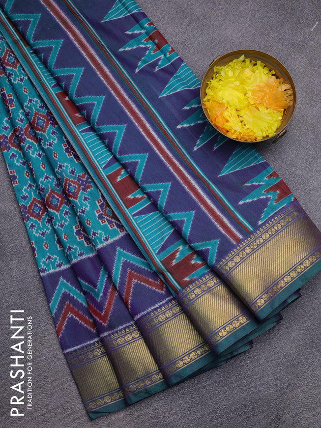 Semi tussar saree teal green and dual shade of blue with allover ikat prints and zari woven border