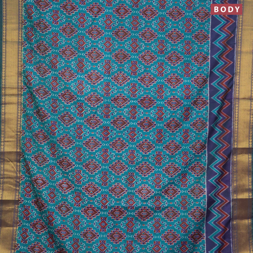 Semi tussar saree teal green and dual shade of blue with allover ikat prints and zari woven border