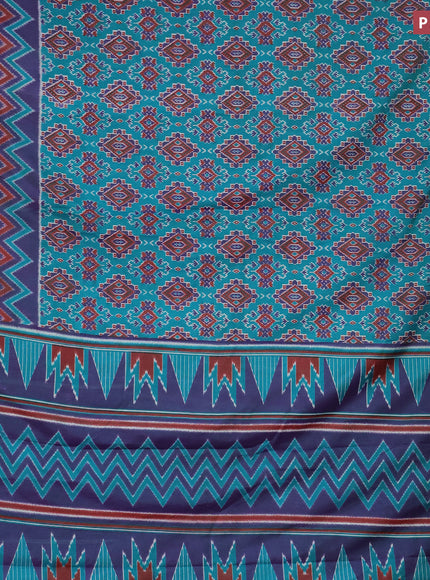 Semi tussar saree teal green and dual shade of blue with allover ikat prints and zari woven border