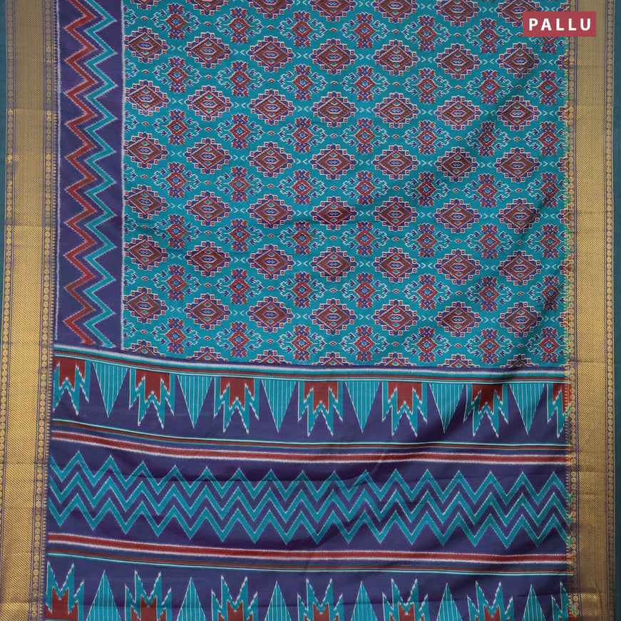 Semi tussar saree teal green and dual shade of blue with allover ikat prints and zari woven border