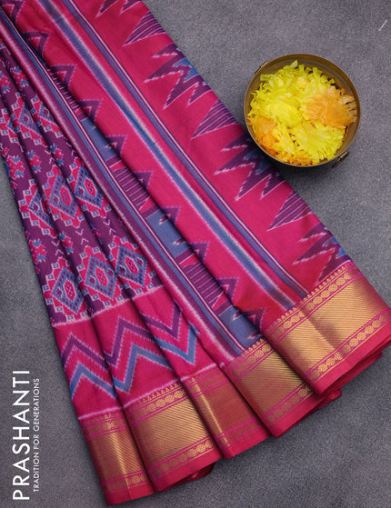 Semi tussar saree dual shade of purple and pink with allover ikat prints and zari woven border