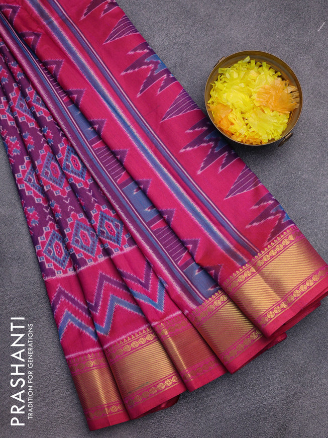 Semi tussar saree dual shade of purple and pink with allover ikat prints and zari woven border