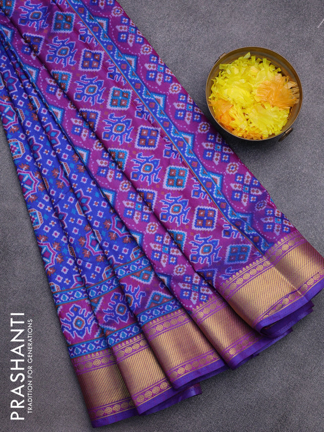 Semi tussar saree blue and dual shade of purple with allover ikat prints and zari woven border