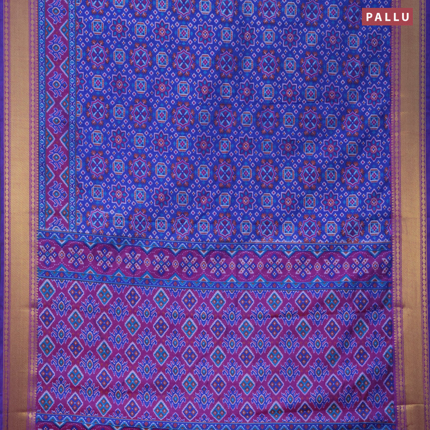 Semi tussar saree blue and dual shade of purple with allover ikat prints and zari woven border