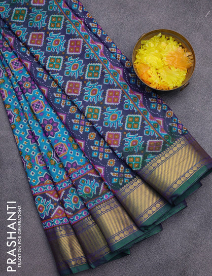 Semi tussar saree cs blue and dual shade of green with allover ikat prints and zari woven border