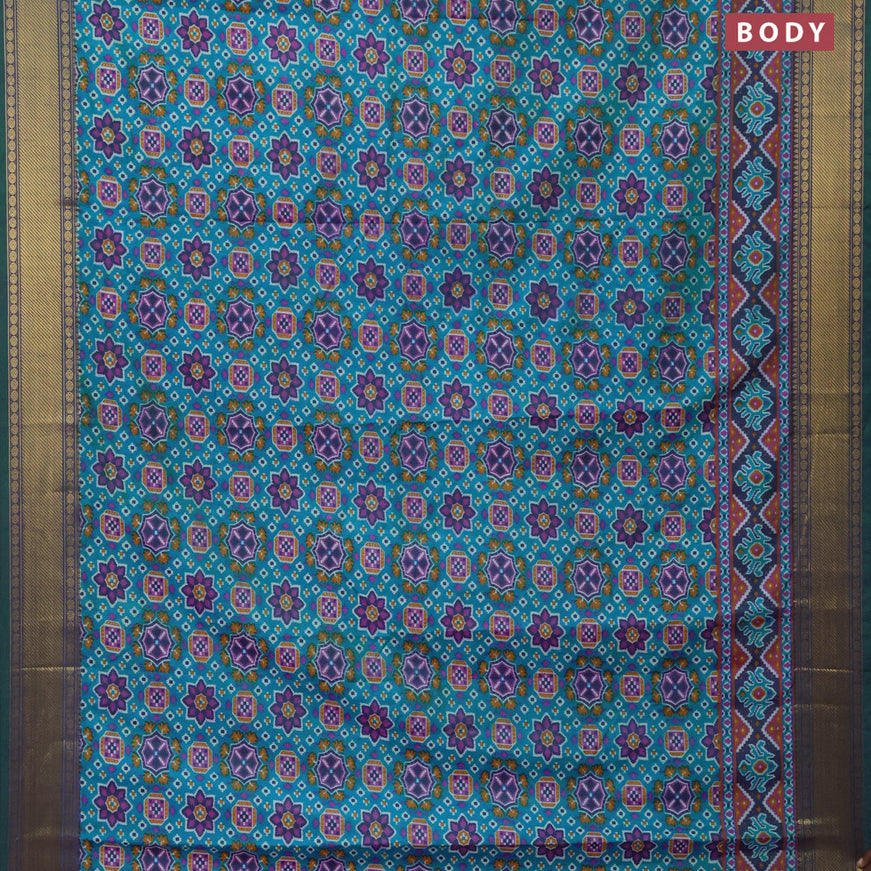 Semi tussar saree cs blue and dual shade of green with allover ikat prints and zari woven border