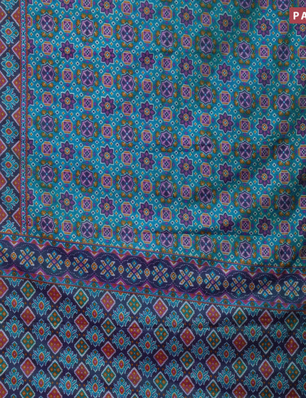 Semi tussar saree cs blue and dual shade of green with allover ikat prints and zari woven border