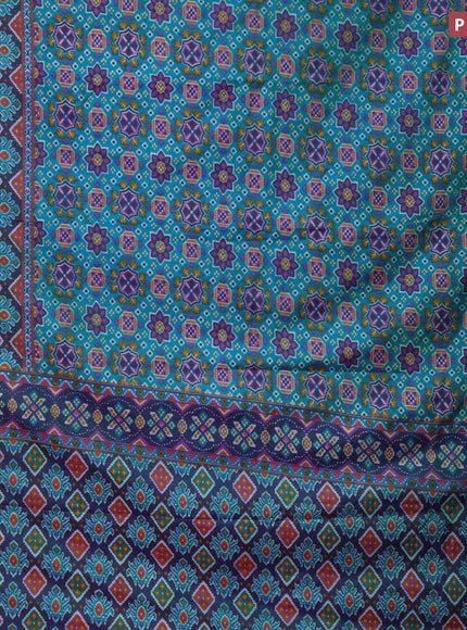 Semi tussar saree cs blue and dual shade of green with allover ikat prints and zari woven border