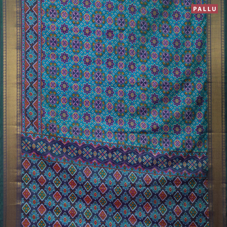 Semi tussar saree cs blue and dual shade of green with allover ikat prints and zari woven border