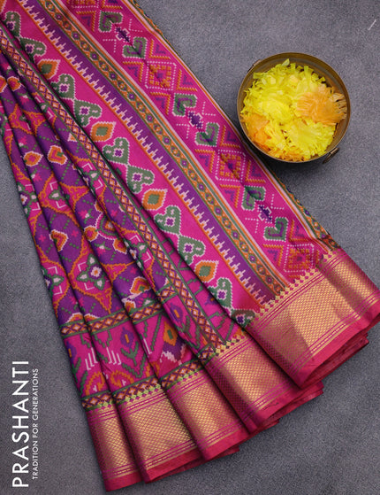 Semi tussar saree dual shade of purple and pink with allover ikat prints and zari woven border