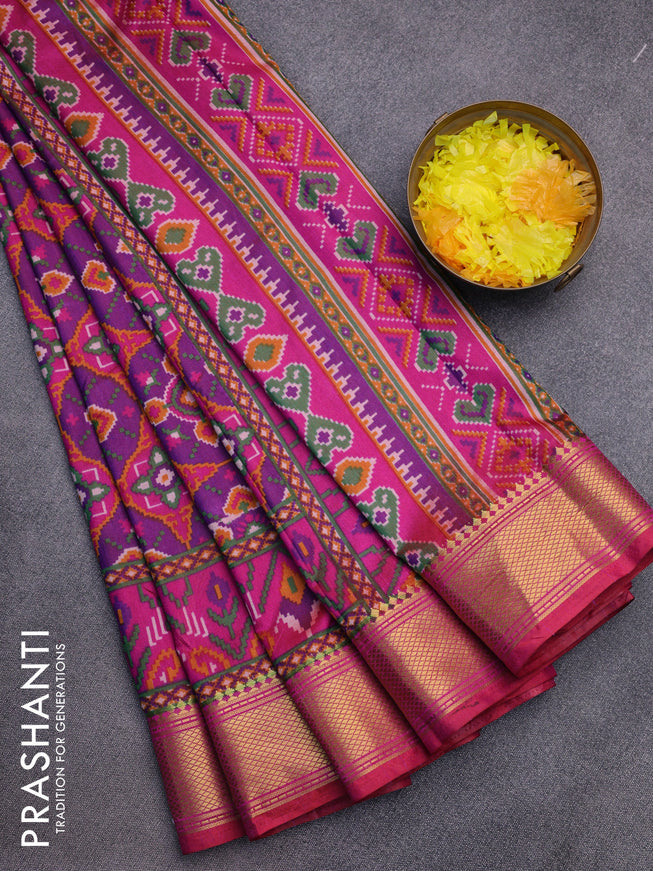 Semi tussar saree dual shade of purple and pink with allover ikat prints and zari woven border