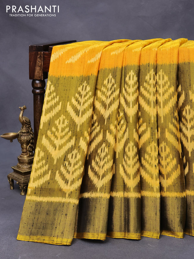 Rajkot patola silk saree yellow and mehendi green with ikat butta weaves & jute finished and zari woven border