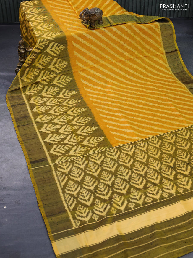 Rajkot patola silk saree yellow and mehendi green with ikat butta weaves & jute finished and zari woven border