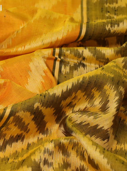 Rajkot patola silk saree yellow and mehendi green with ikat butta weaves & jute finished and zari woven border