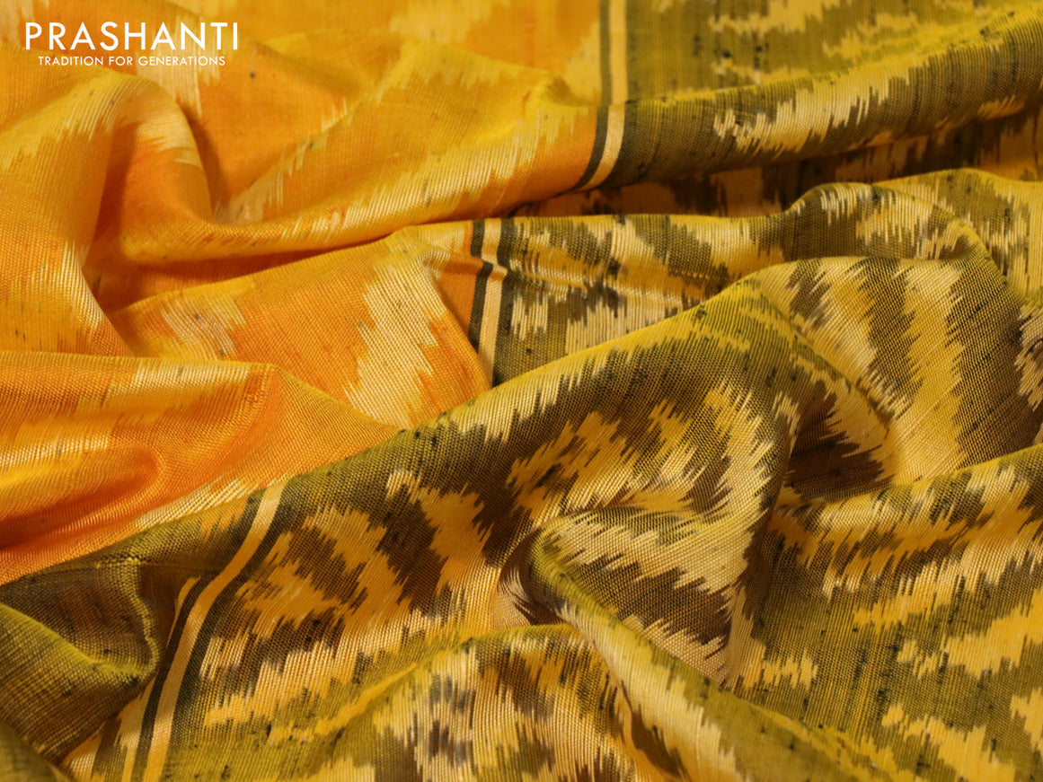 Rajkot patola silk saree yellow and mehendi green with ikat butta weaves & jute finished and zari woven border