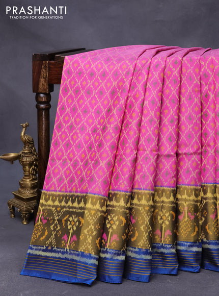 Rajkot patola silk saree pink and cs blue with allover ikat weaves and long ikat woven zari border