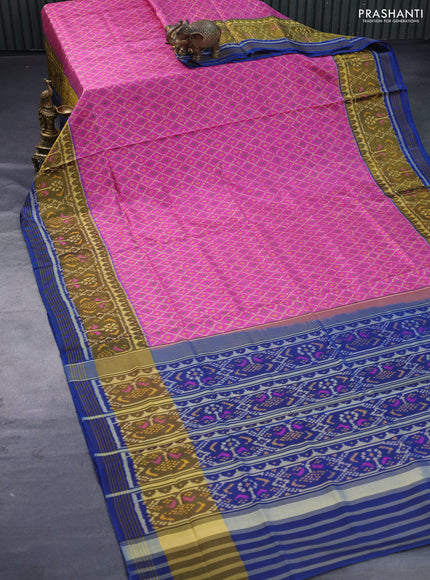 Rajkot patola silk saree pink and cs blue with allover ikat weaves and long ikat woven zari border