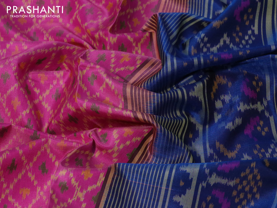 Rajkot patola silk saree pink and cs blue with allover ikat weaves and long ikat woven zari border