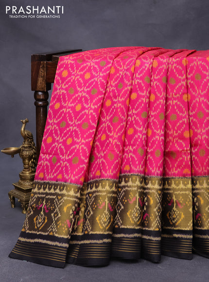 Rajkot patola silk saree pink and black with allover ikat weaves and long ikat woven zari border