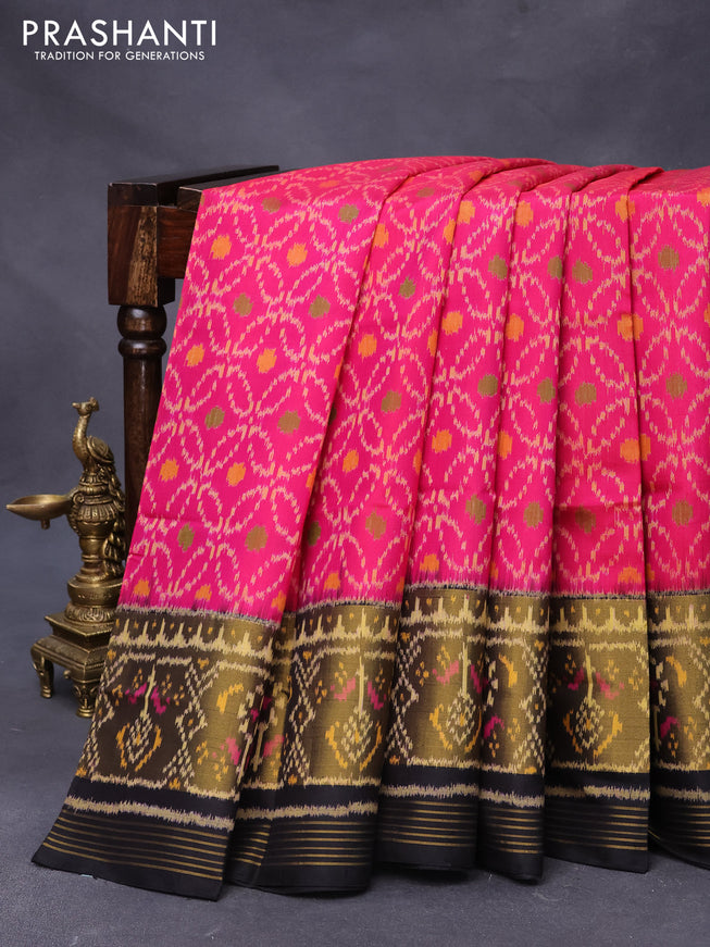 Rajkot patola silk saree pink and black with allover ikat weaves and long ikat woven zari border