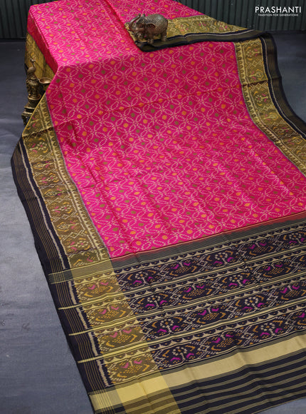 Rajkot patola silk saree pink and black with allover ikat weaves and long ikat woven zari border