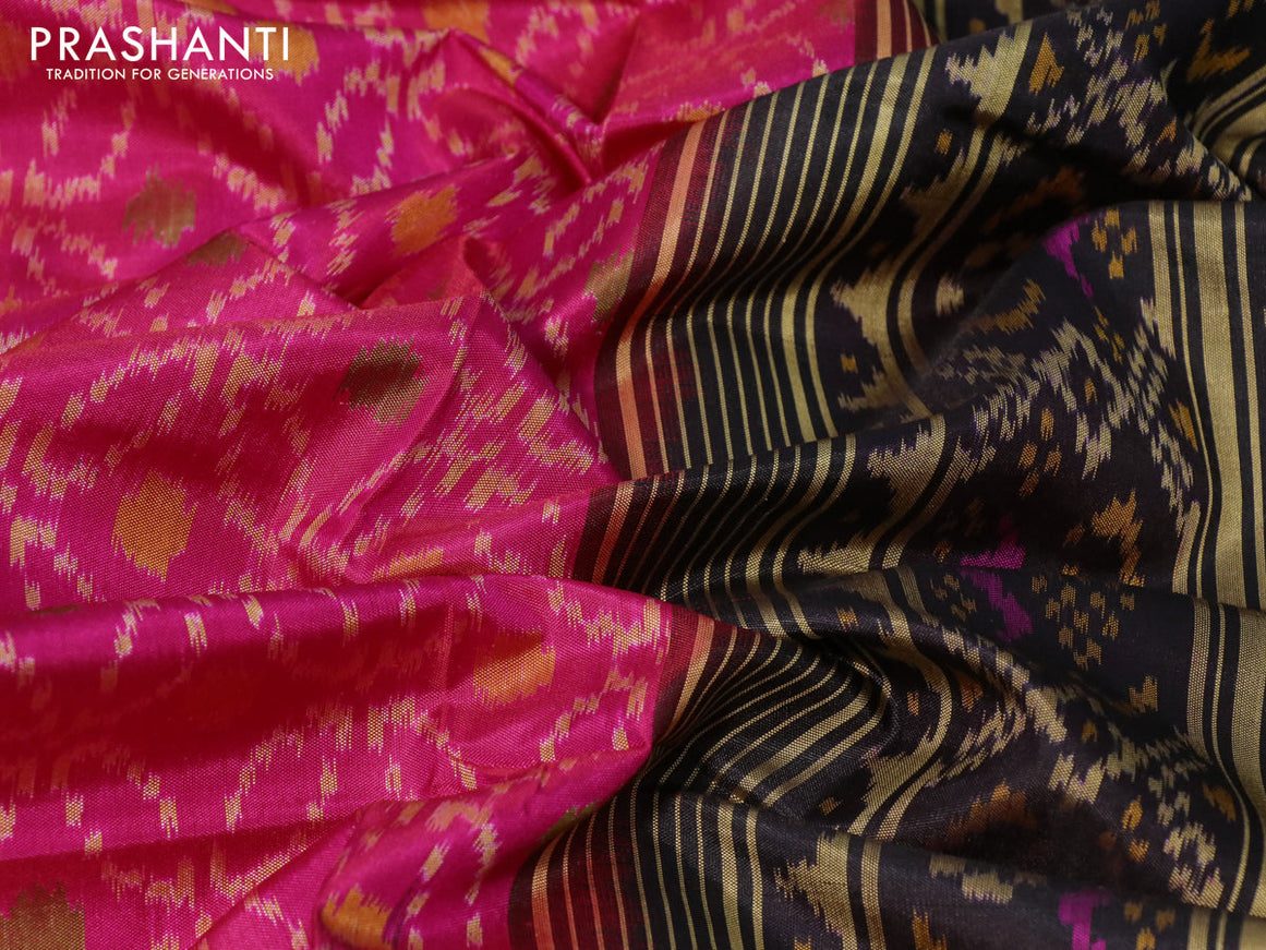 Rajkot patola silk saree pink and black with allover ikat weaves and long ikat woven zari border