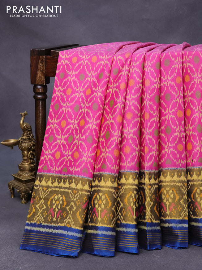 Rajkot patola silk saree pink and peacock blue with allover ikat weaves and long ikat woven zari border