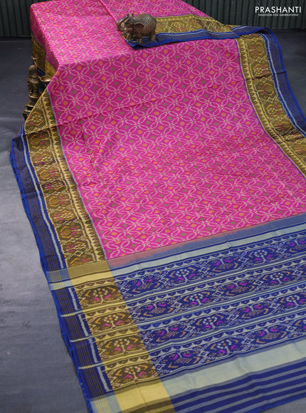 Rajkot patola silk saree pink and peacock blue with allover ikat weaves and long ikat woven zari border