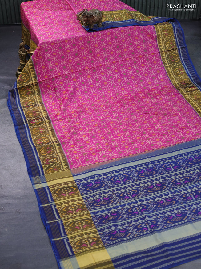 Rajkot patola silk saree pink and peacock blue with allover ikat weaves and long ikat woven zari border