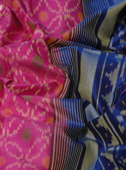 Rajkot patola silk saree pink and peacock blue with allover ikat weaves and long ikat woven zari border