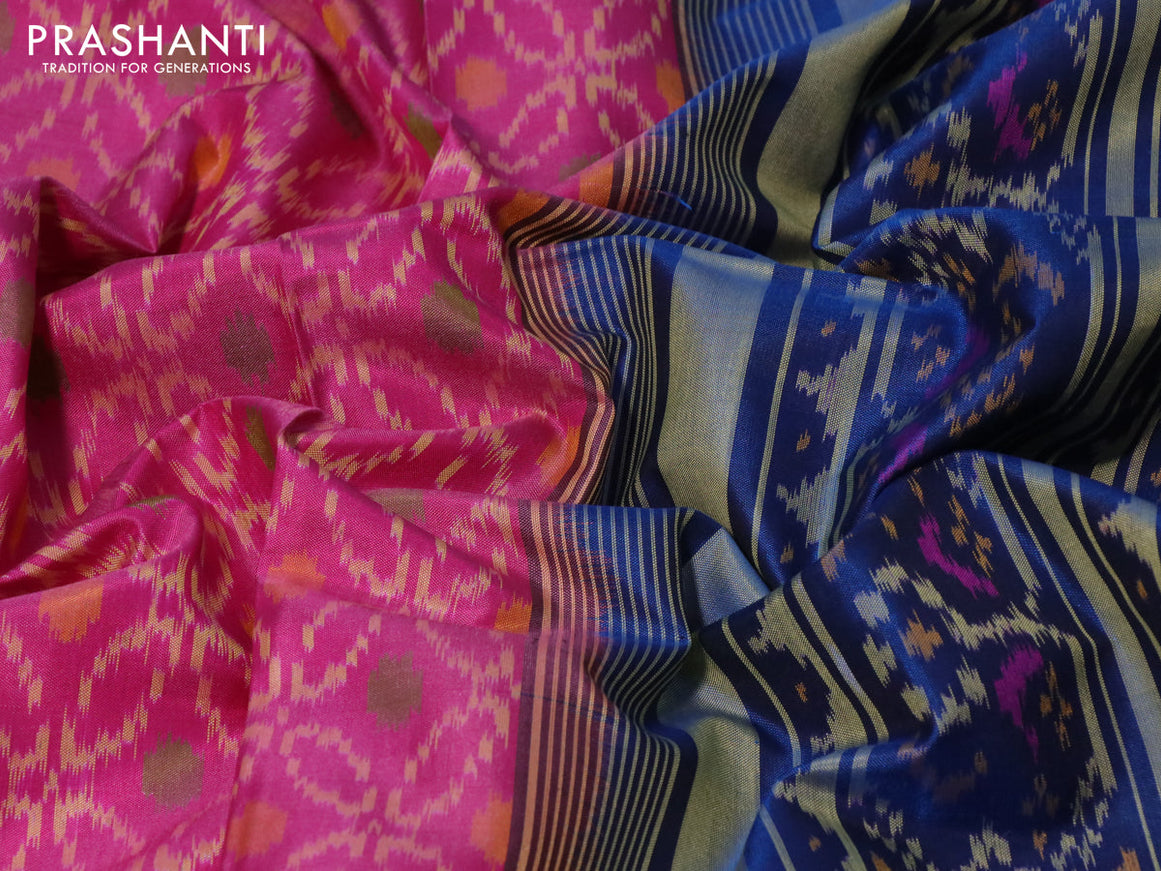 Rajkot patola silk saree pink and peacock blue with allover ikat weaves and long ikat woven zari border