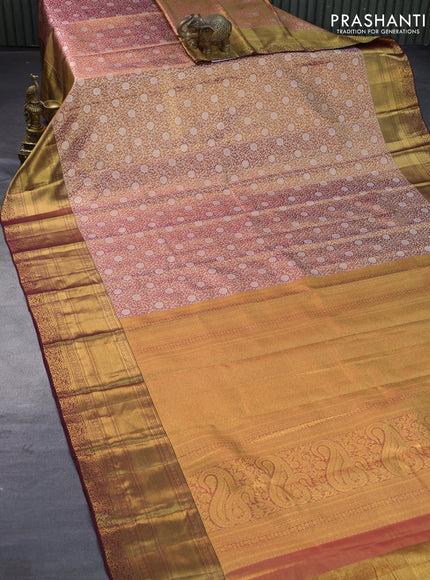 Pure kanjivaram tissue silk saree dual shade of gold and maroon with allover silver zari woven brocade weaves and long zari woven border