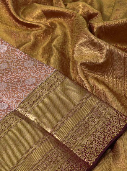 Pure kanjivaram tissue silk saree dual shade of gold and maroon with allover silver zari woven brocade weaves and long zari woven border