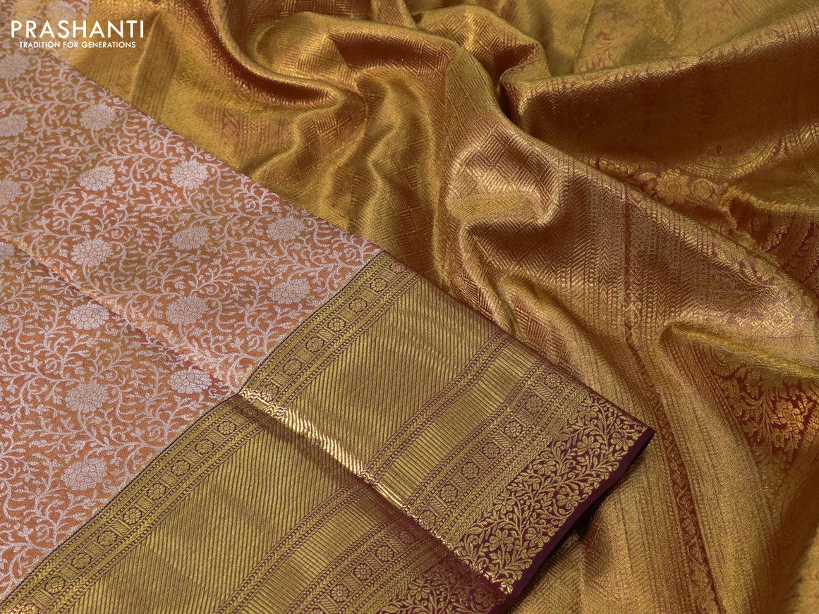 Pure kanjivaram tissue silk saree dual shade of gold and maroon with allover silver zari woven brocade weaves and long zari woven border