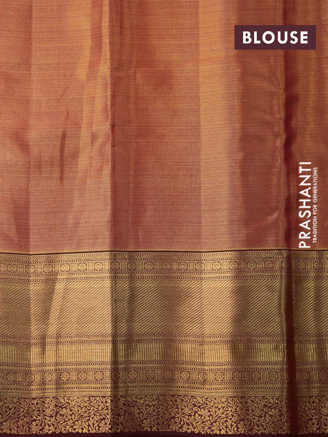 Pure kanjivaram tissue silk saree dual shade of gold and maroon with allover silver zari woven brocade weaves and long zari woven border