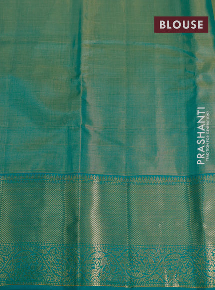 Pure kanjivaram tissue silk saree teal green with allover silver zari woven brocade weaves and zari woven border